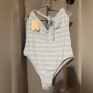 NWT Monday** Striped One-Piece Swimsuit in White and Light Blue